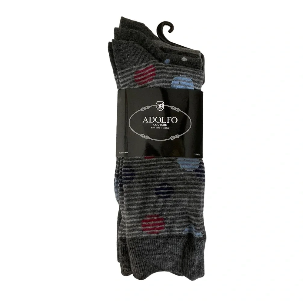 Men's ADOLFO Couture Dress Socks Gray Dots and Stripes 3-Pairs Size 10-13